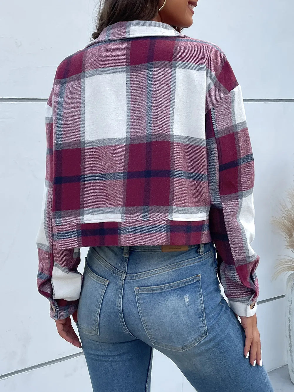 Veste Croisée à Carreaux avec Épaules Tombantes