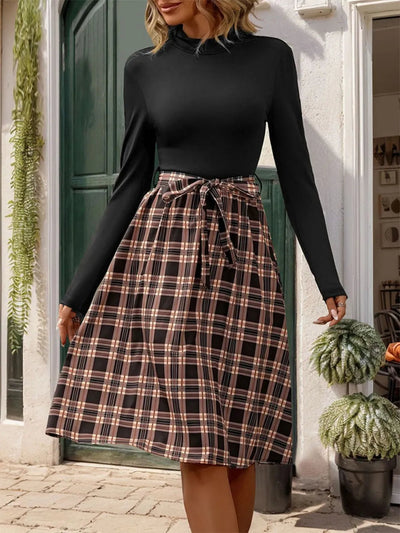 Plaid Mock Neck Long Sleeve Dress - Korvel