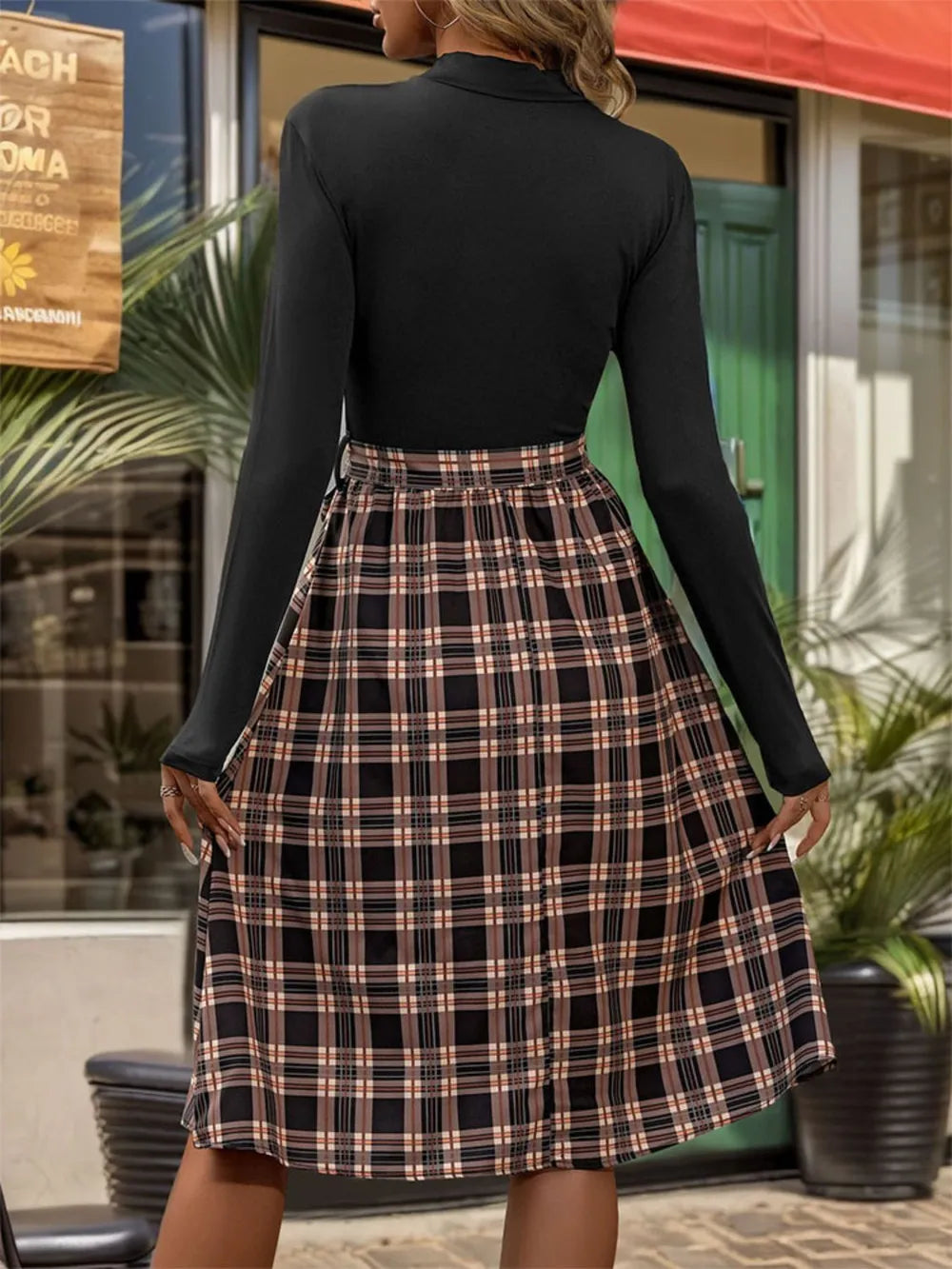 Plaid Mock Neck Long Sleeve Dress - Korvel
