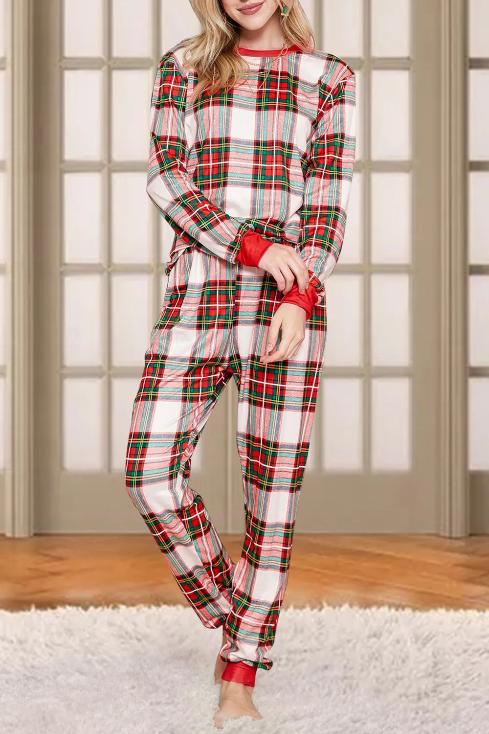Plaid Round Neck Top and Pants Set - Korvel