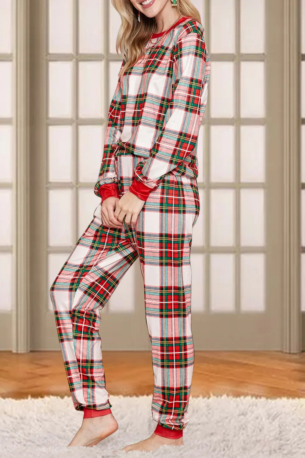Plaid Round Neck Top and Pants Set - Korvel