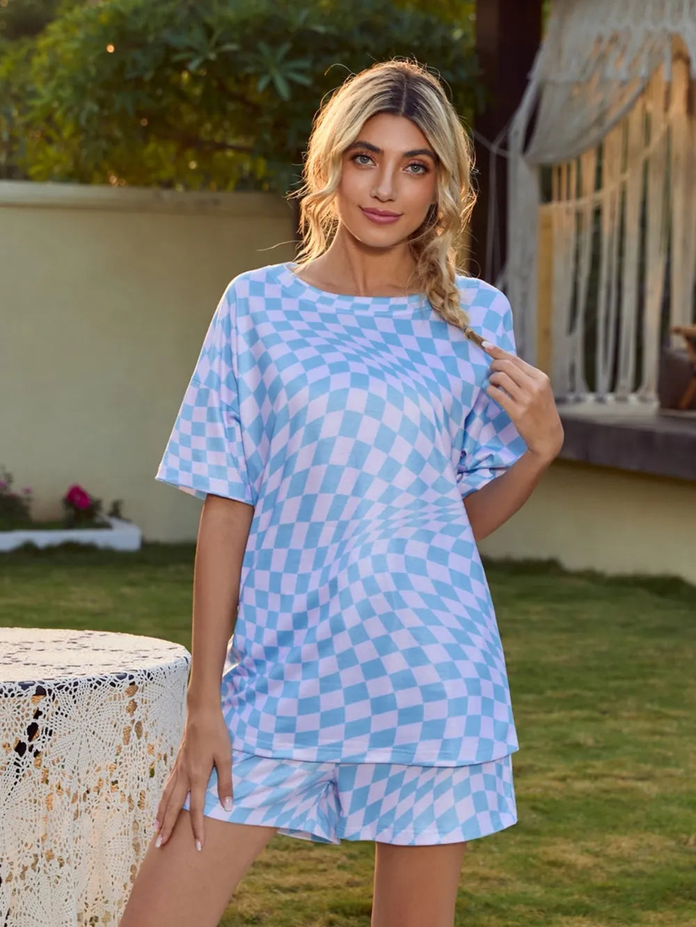 Plaid Round Neck Top and Shorts Lounge Set - Korvel
