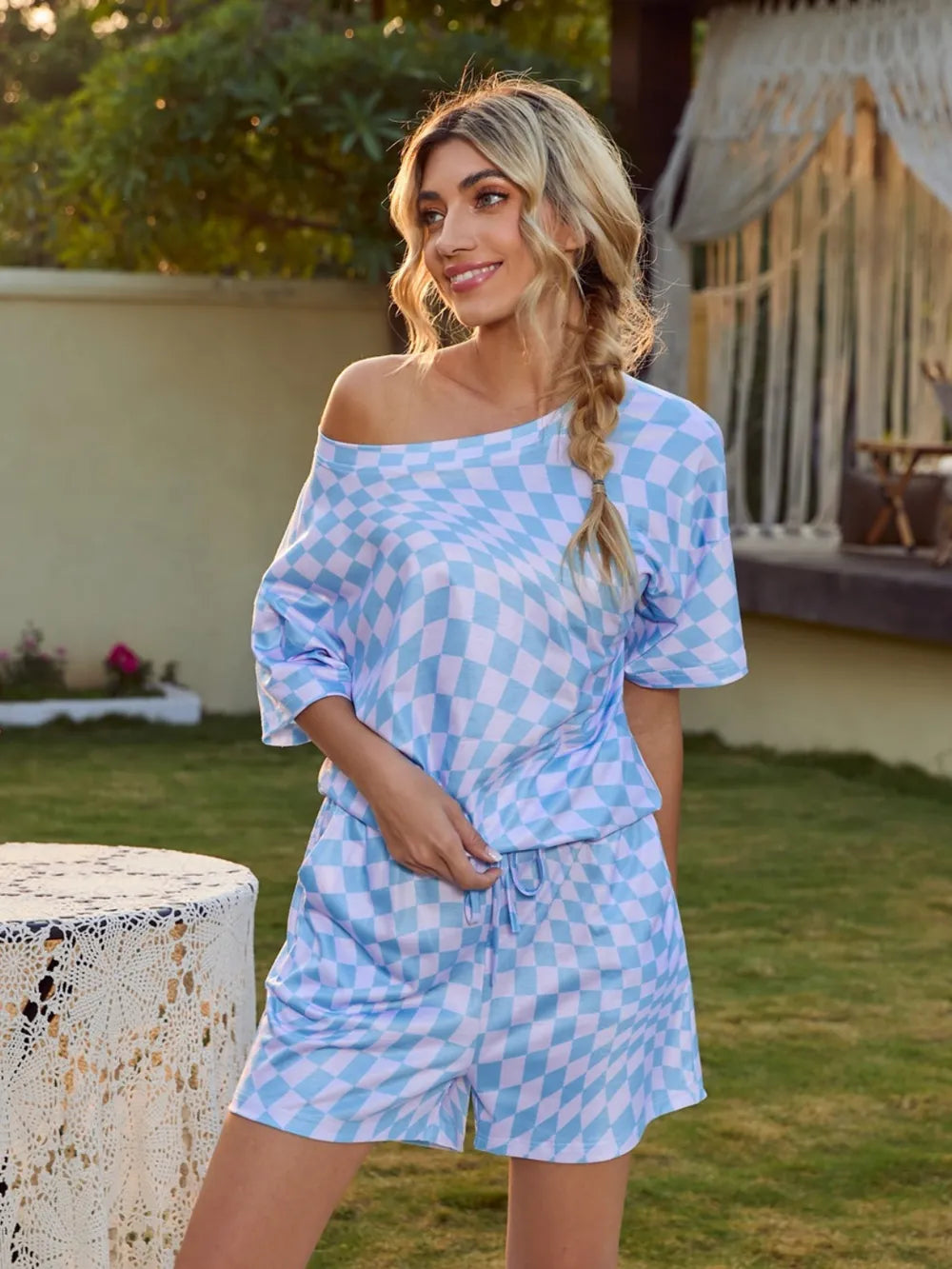 Plaid Round Neck Top and Shorts Lounge Set - Korvel