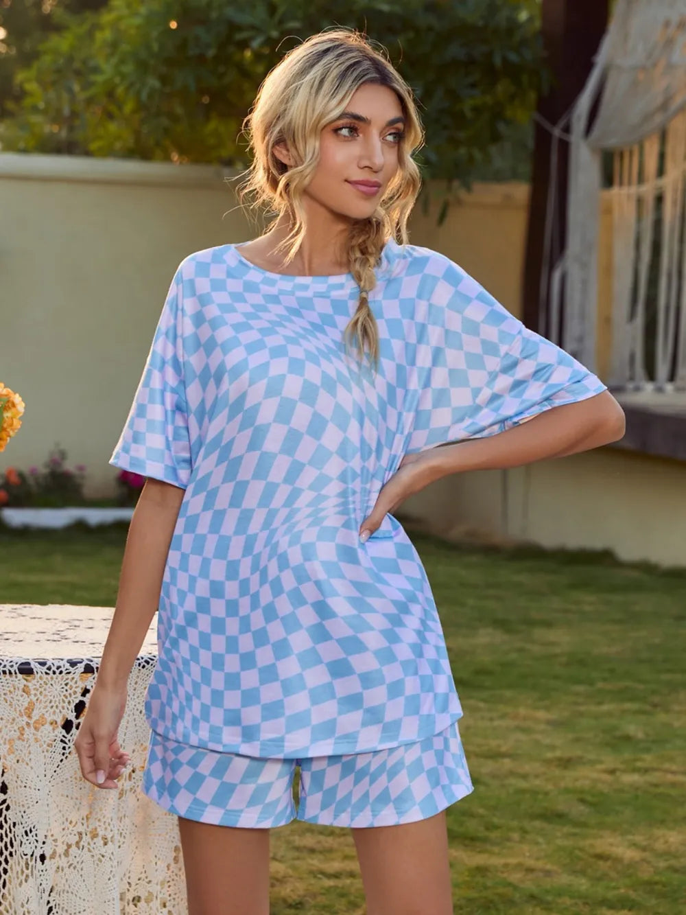 Plaid Round Neck Top and Shorts Lounge Set - Korvel