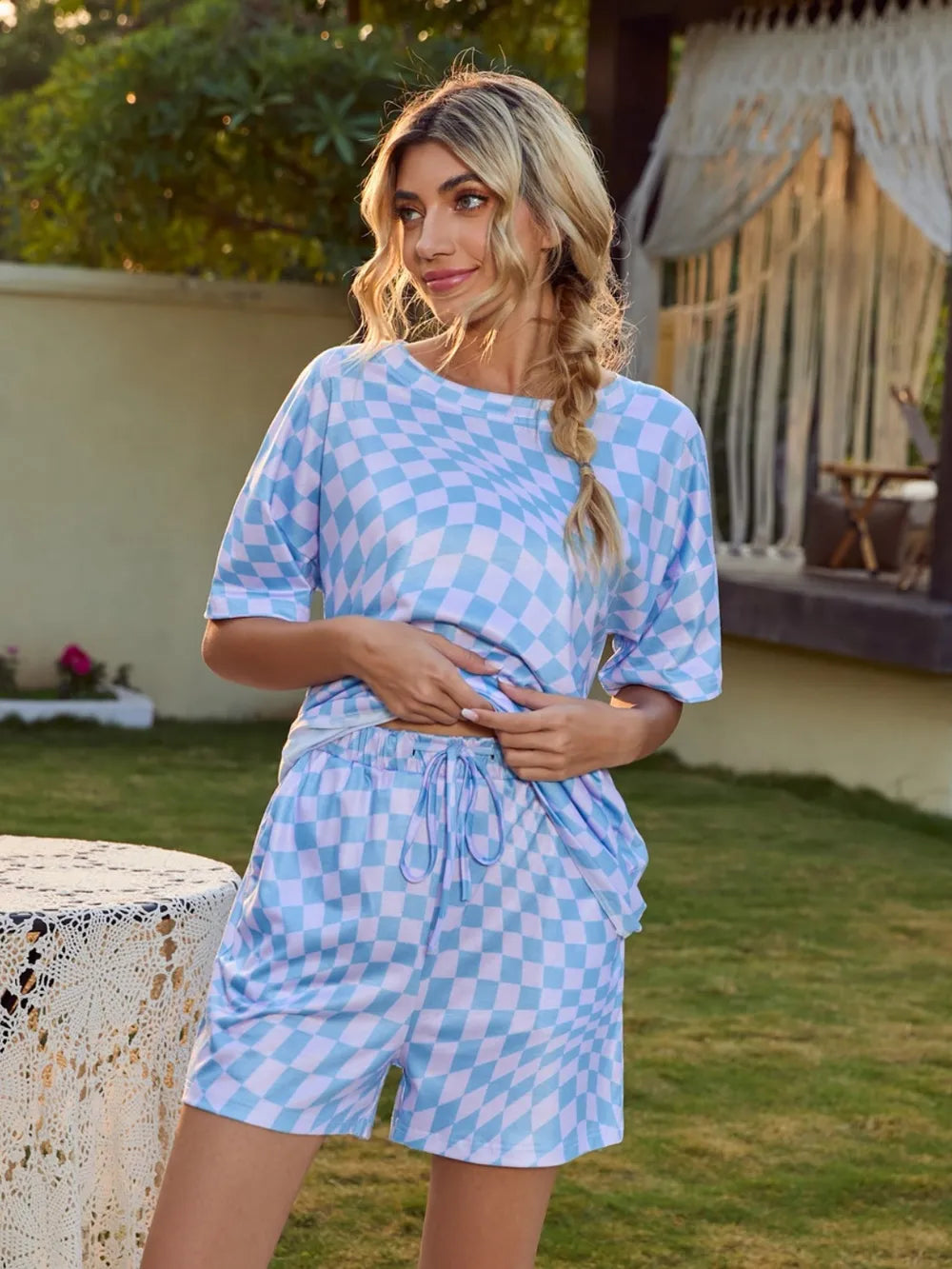 Plaid Round Neck Top and Shorts Lounge Set - Korvel