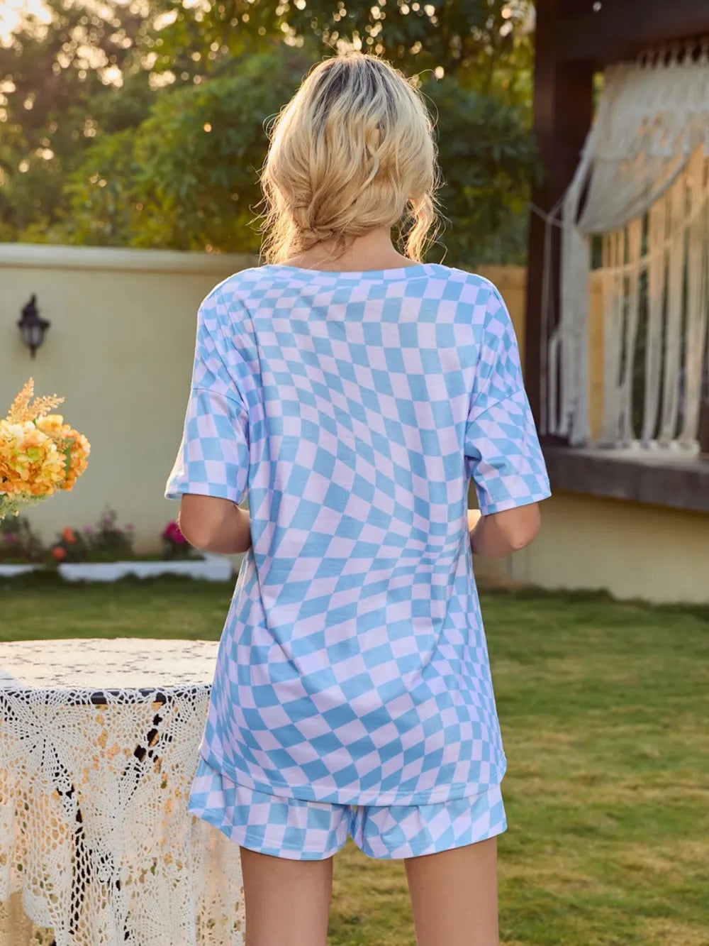 Plaid Round Neck Top and Shorts Lounge Set - Korvel