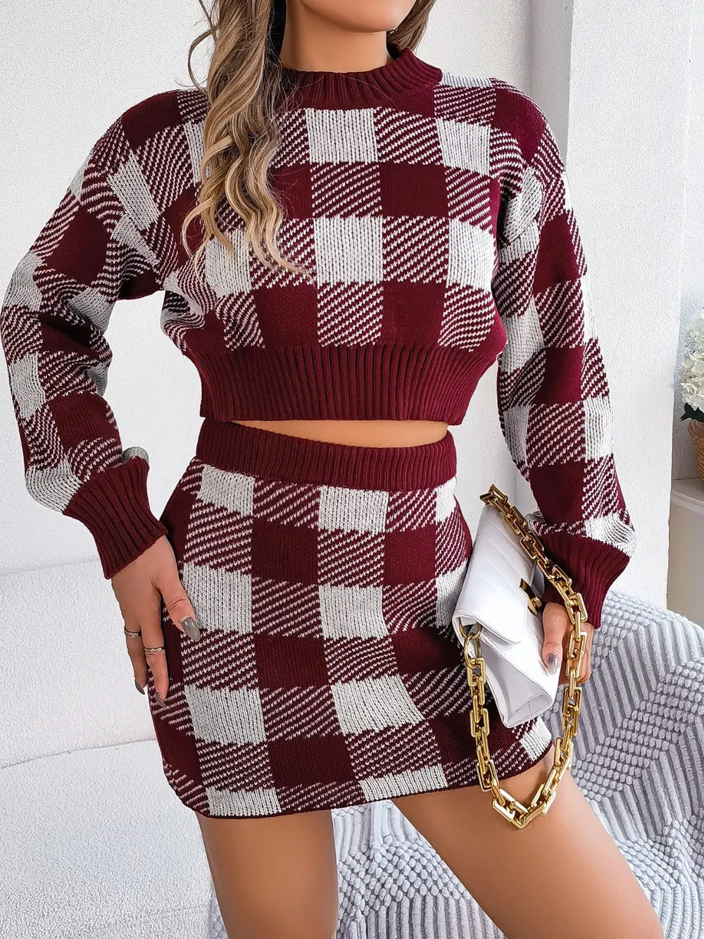 Plaid Round Neck Top and Skirt Sweater Set - Korvel