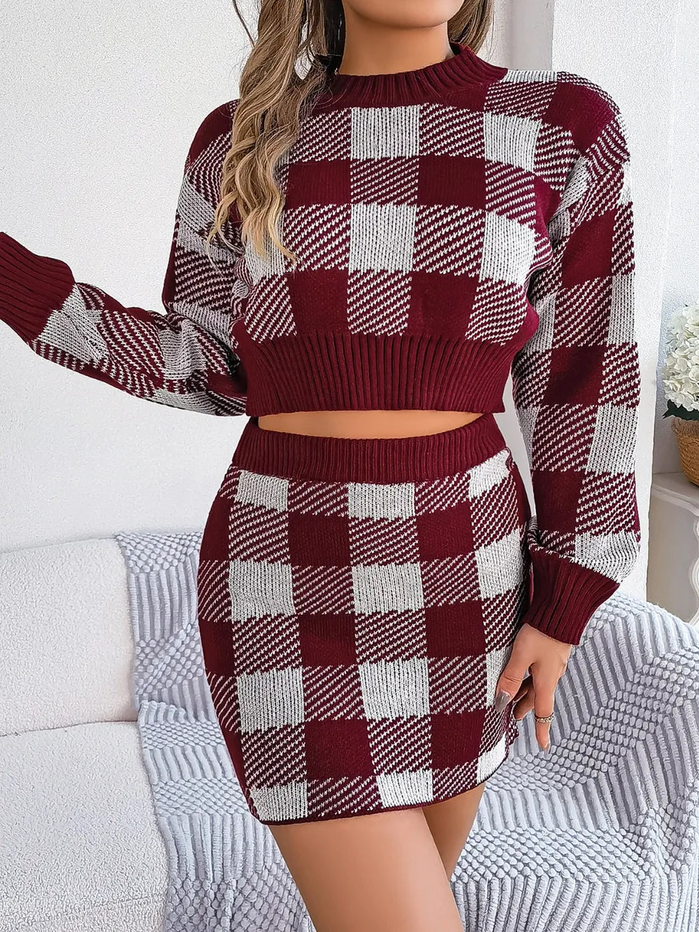 Plaid Round Neck Top and Skirt Sweater Set - Korvel