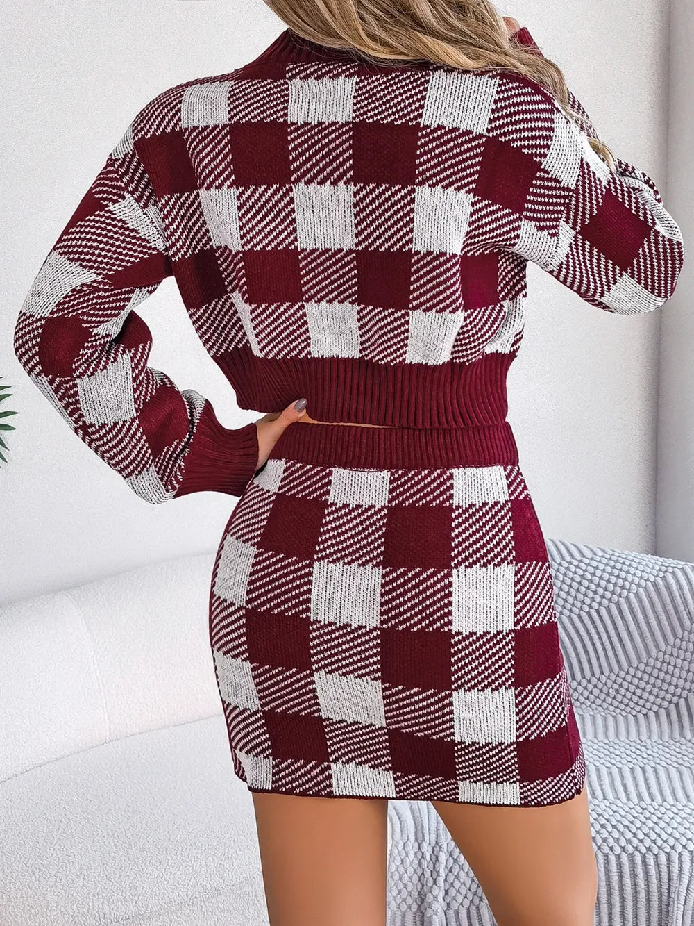 Plaid Round Neck Top and Skirt Sweater Set - Korvel