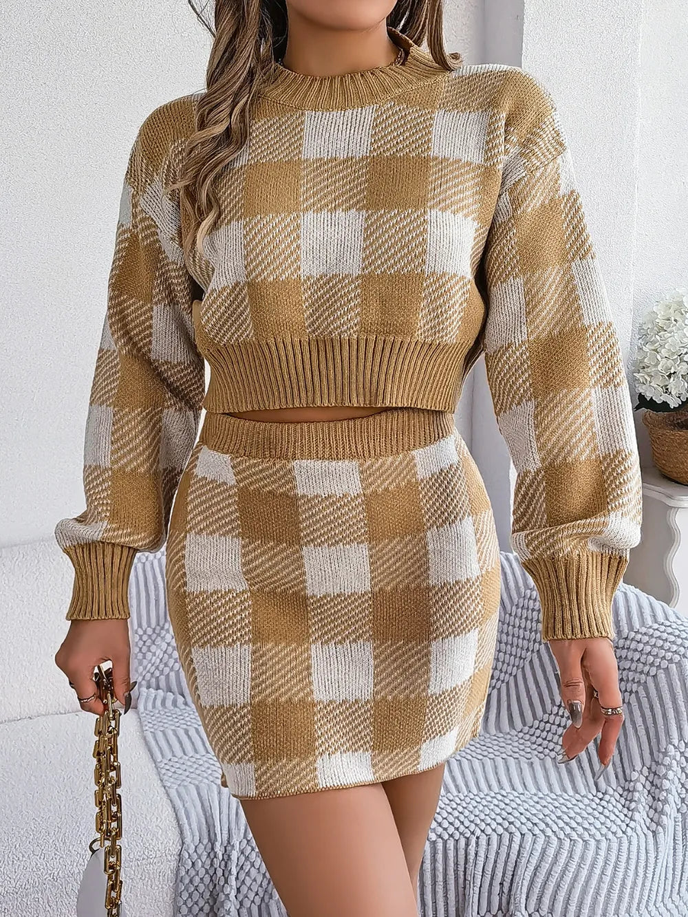 Plaid Round Neck Top and Skirt Sweater Set - Korvel