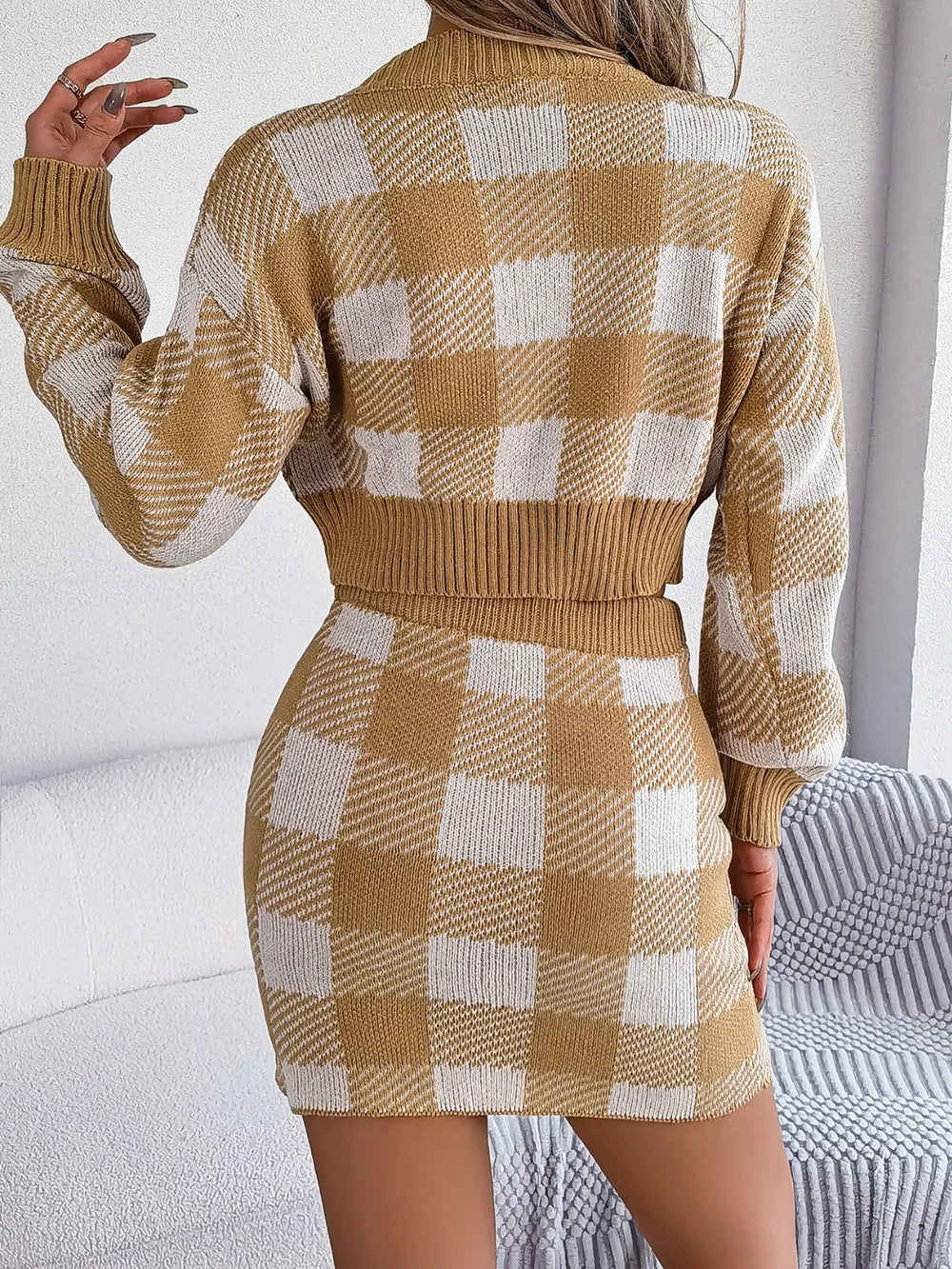 Plaid Round Neck Top and Skirt Sweater Set - Korvel
