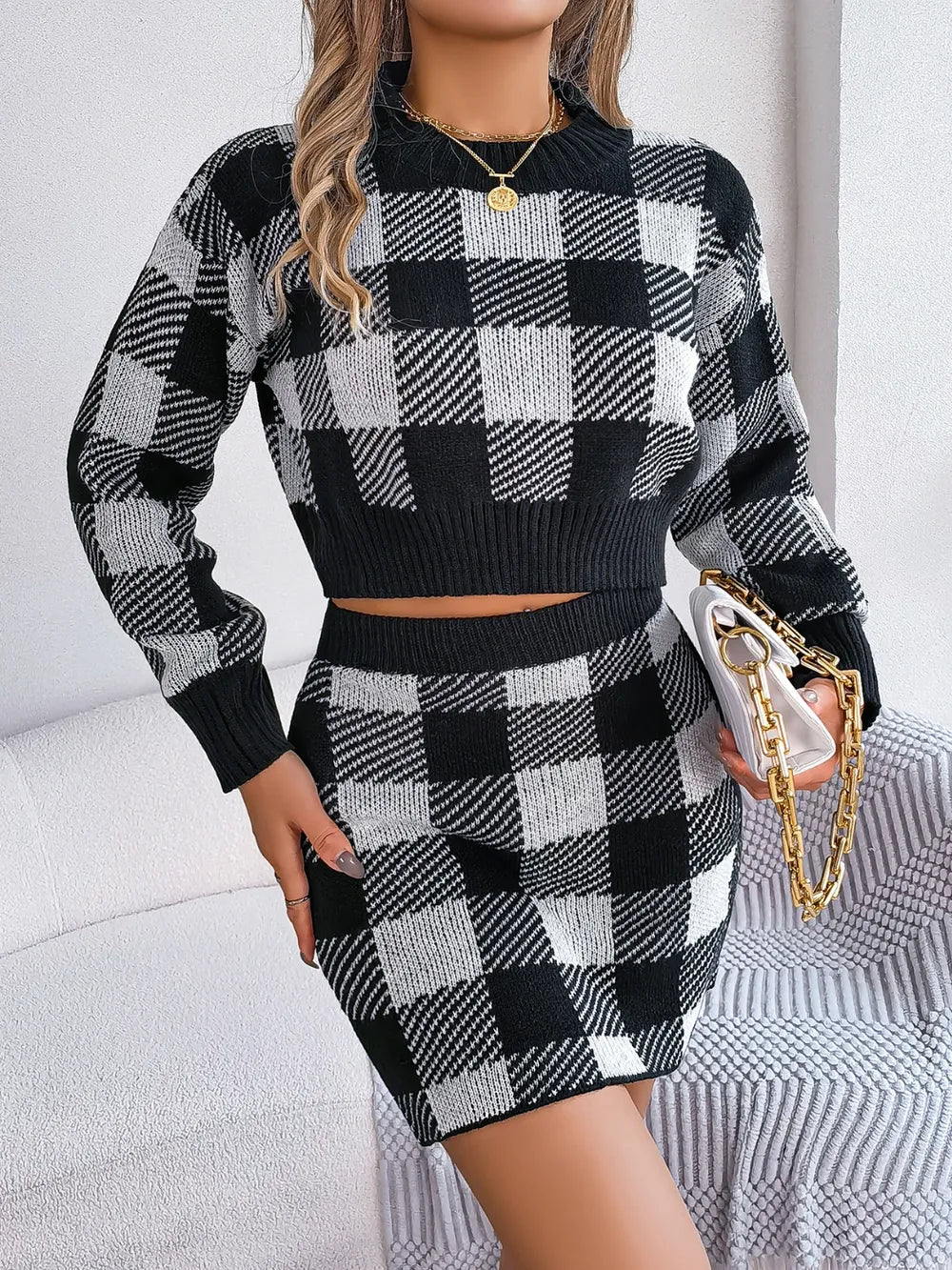 Plaid Round Neck Top and Skirt Sweater Set - Korvel