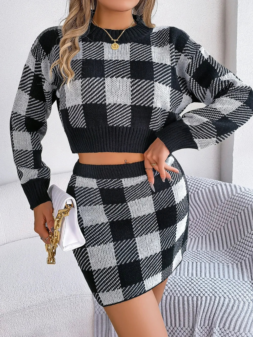 Plaid Round Neck Top and Skirt Sweater Set - Korvel