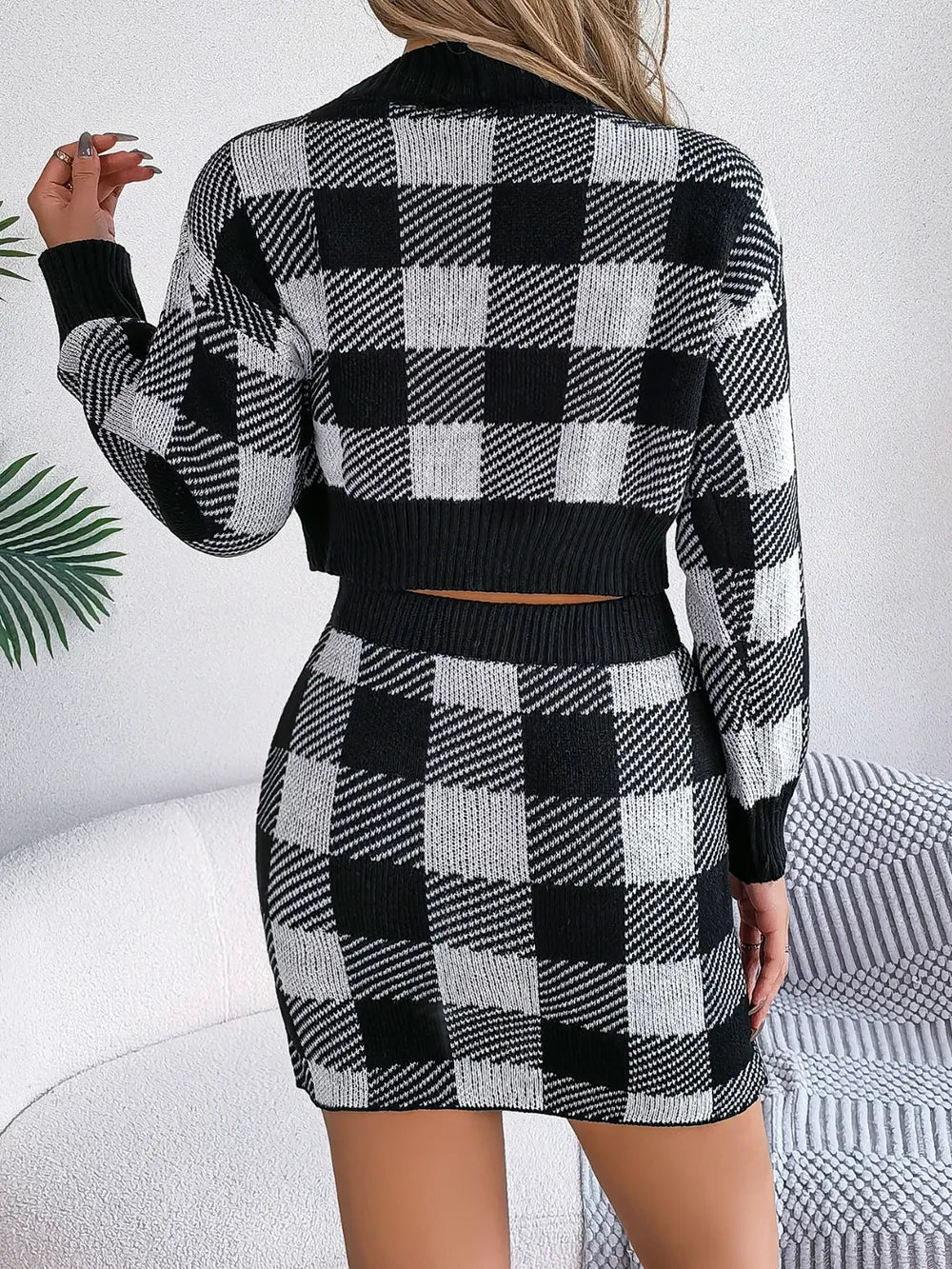 Plaid Round Neck Top and Skirt Sweater Set - Korvel
