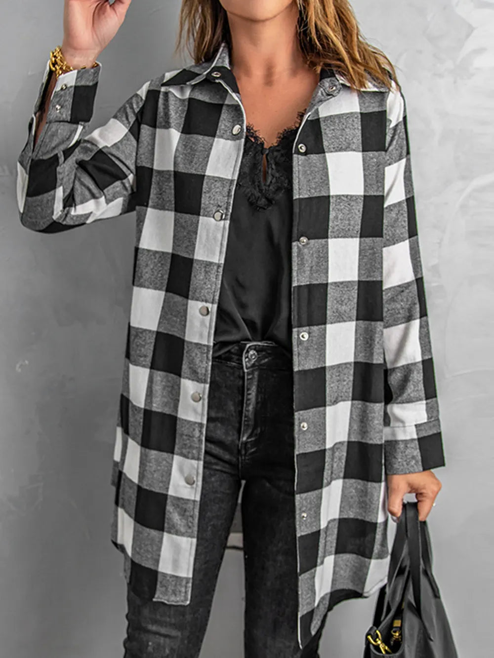 Plaid Snap Down Long Sleeve Jacket - Korvel