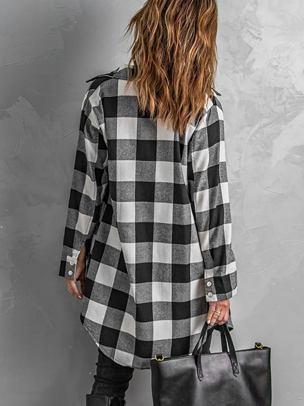 Plaid Snap Down Long Sleeve Jacket - Korvel