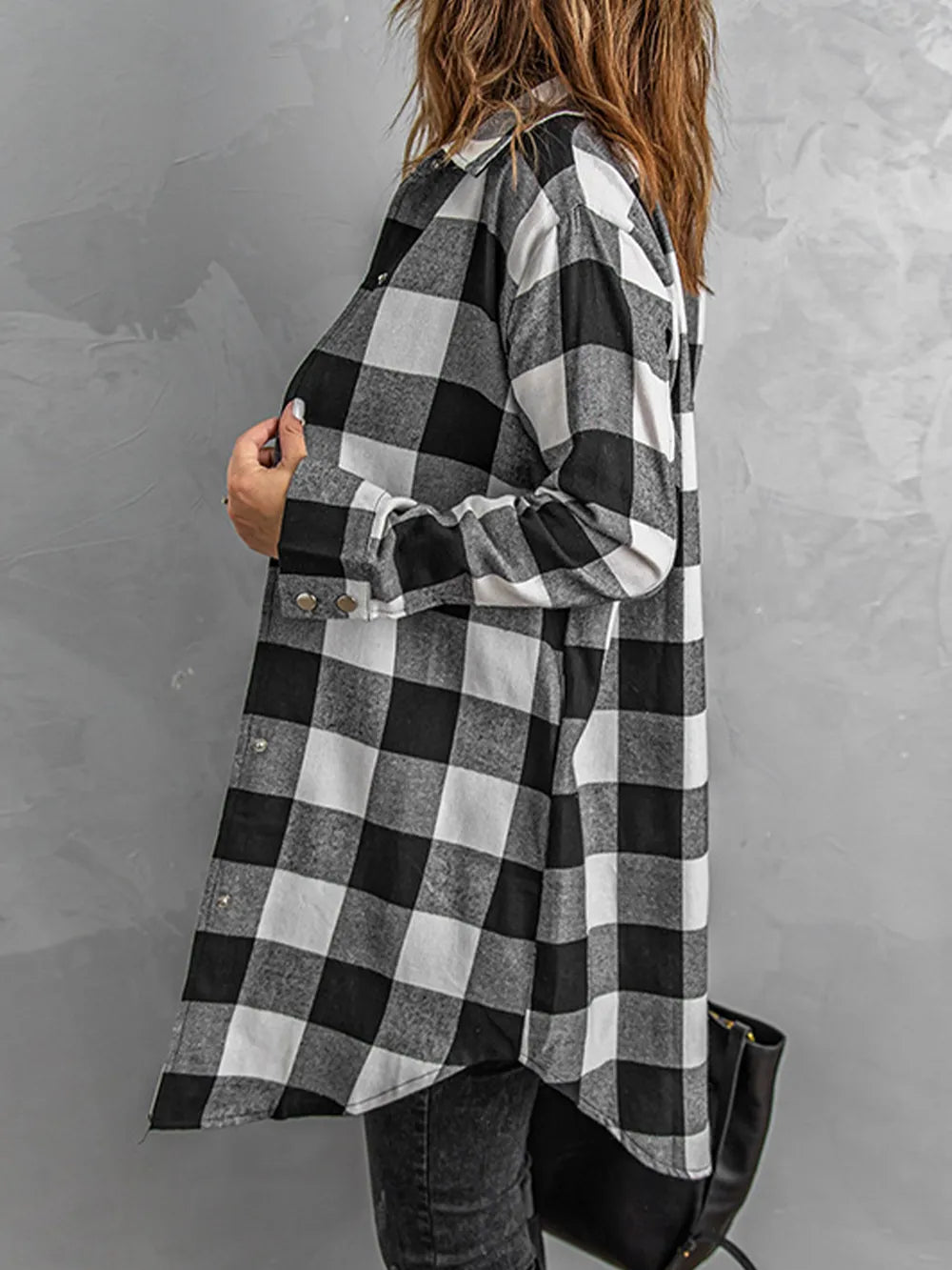 Plaid Snap Down Long Sleeve Jacket - Korvel