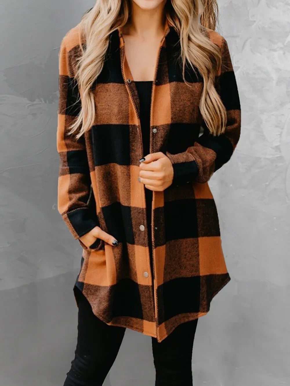 Plaid Snap Down Long Sleeve Jacket - Korvel