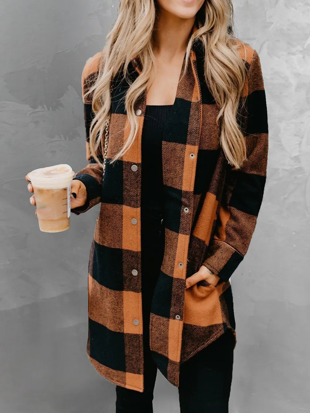 Plaid Snap Down Long Sleeve Jacket - Korvel