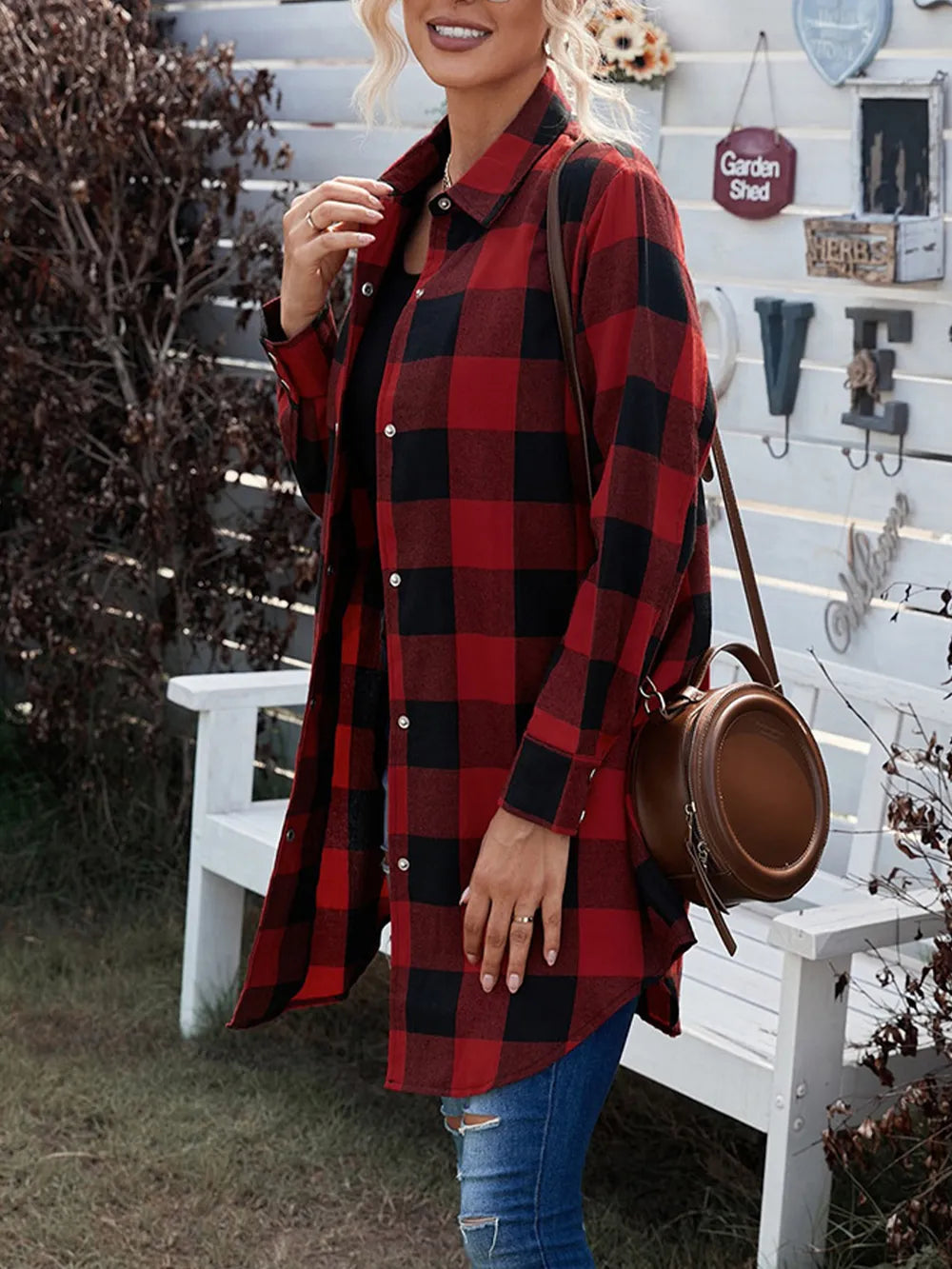 Plaid Snap Down Long Sleeve Jacket - Korvel