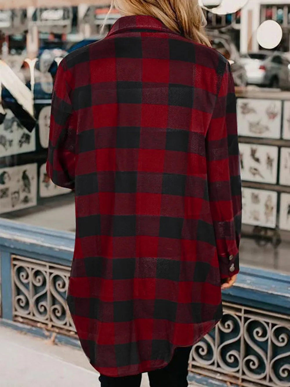 Plaid Snap Down Long Sleeve Jacket - Korvel