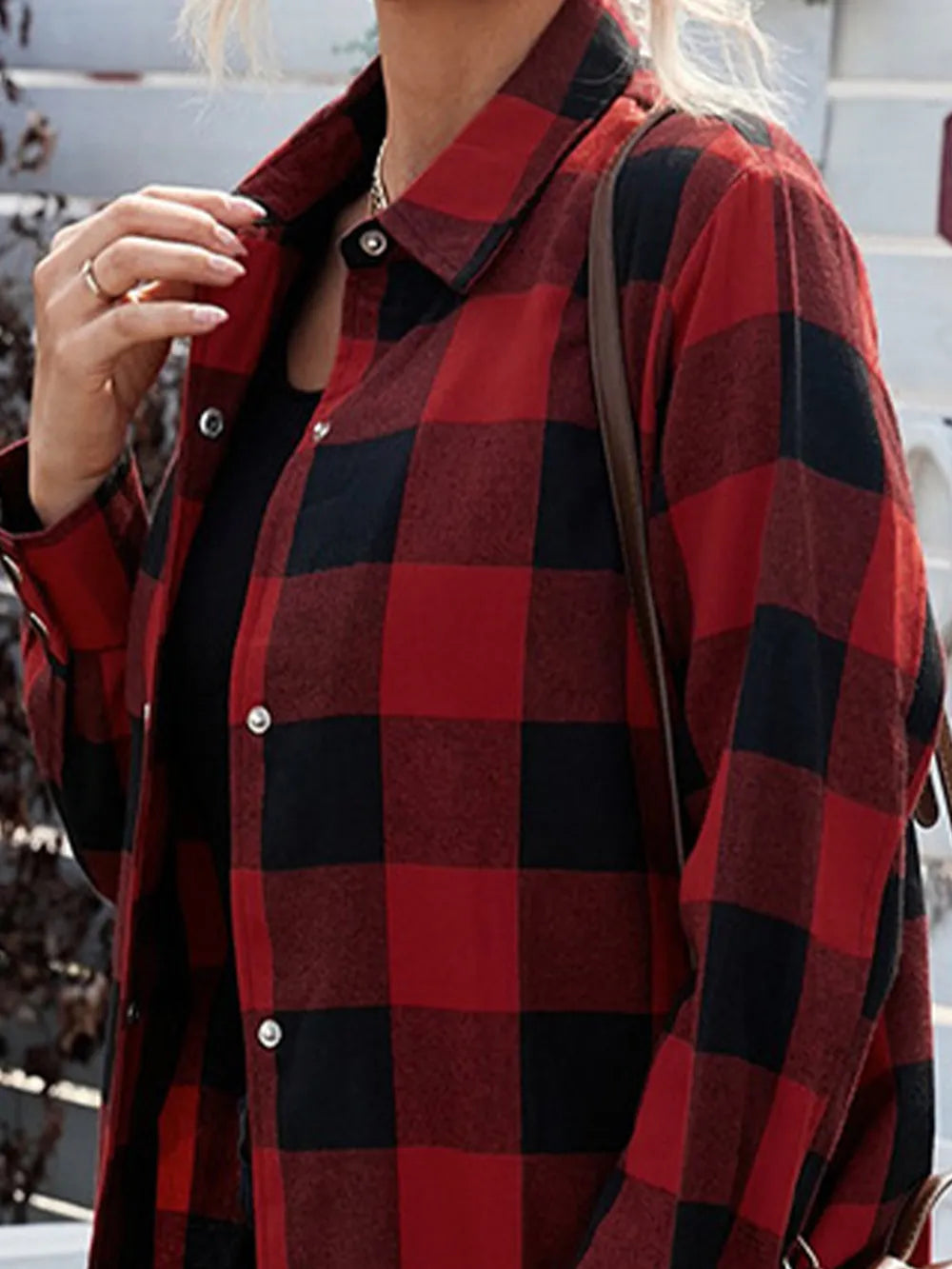 Plaid Snap Down Long Sleeve Jacket - Korvel