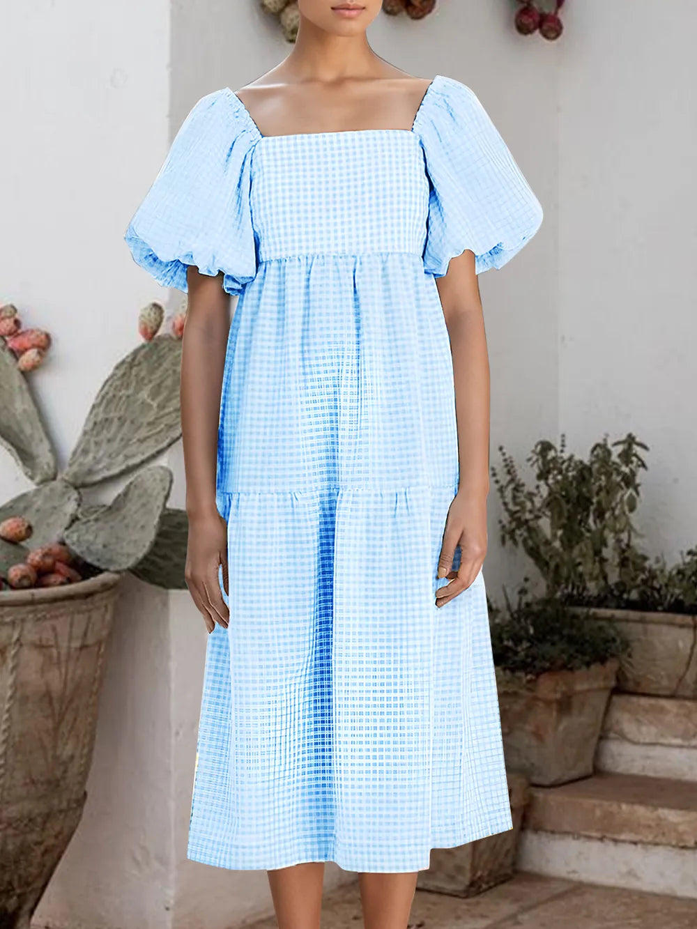 Plaid Square Neck Short Sleeve Dress - Korvel