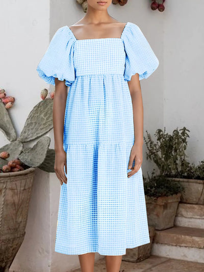 Plaid Square Neck Short Sleeve Dress - Korvel