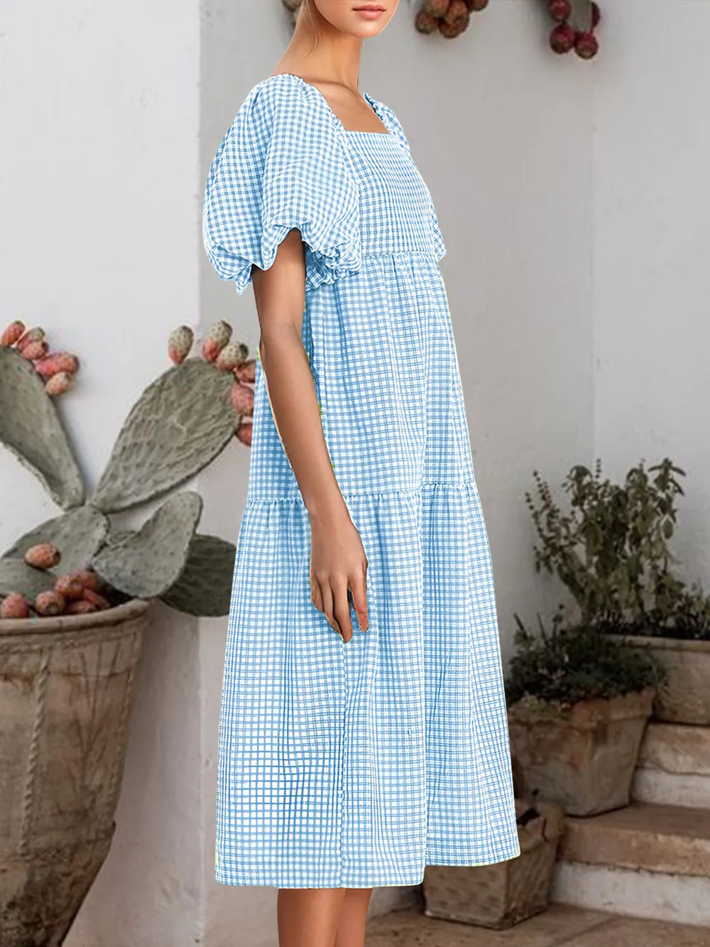 Plaid Square Neck Short Sleeve Dress - Korvel