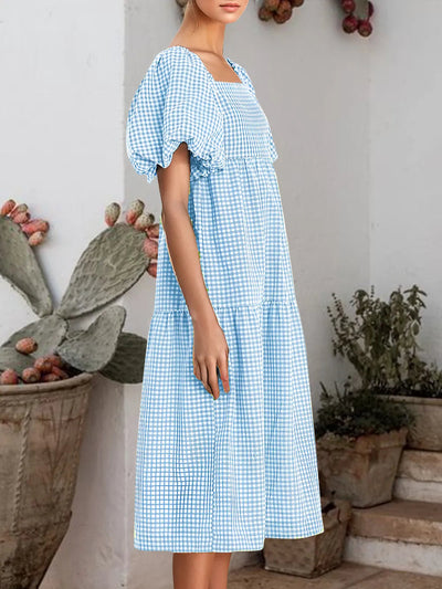 Plaid Square Neck Short Sleeve Dress - Korvel