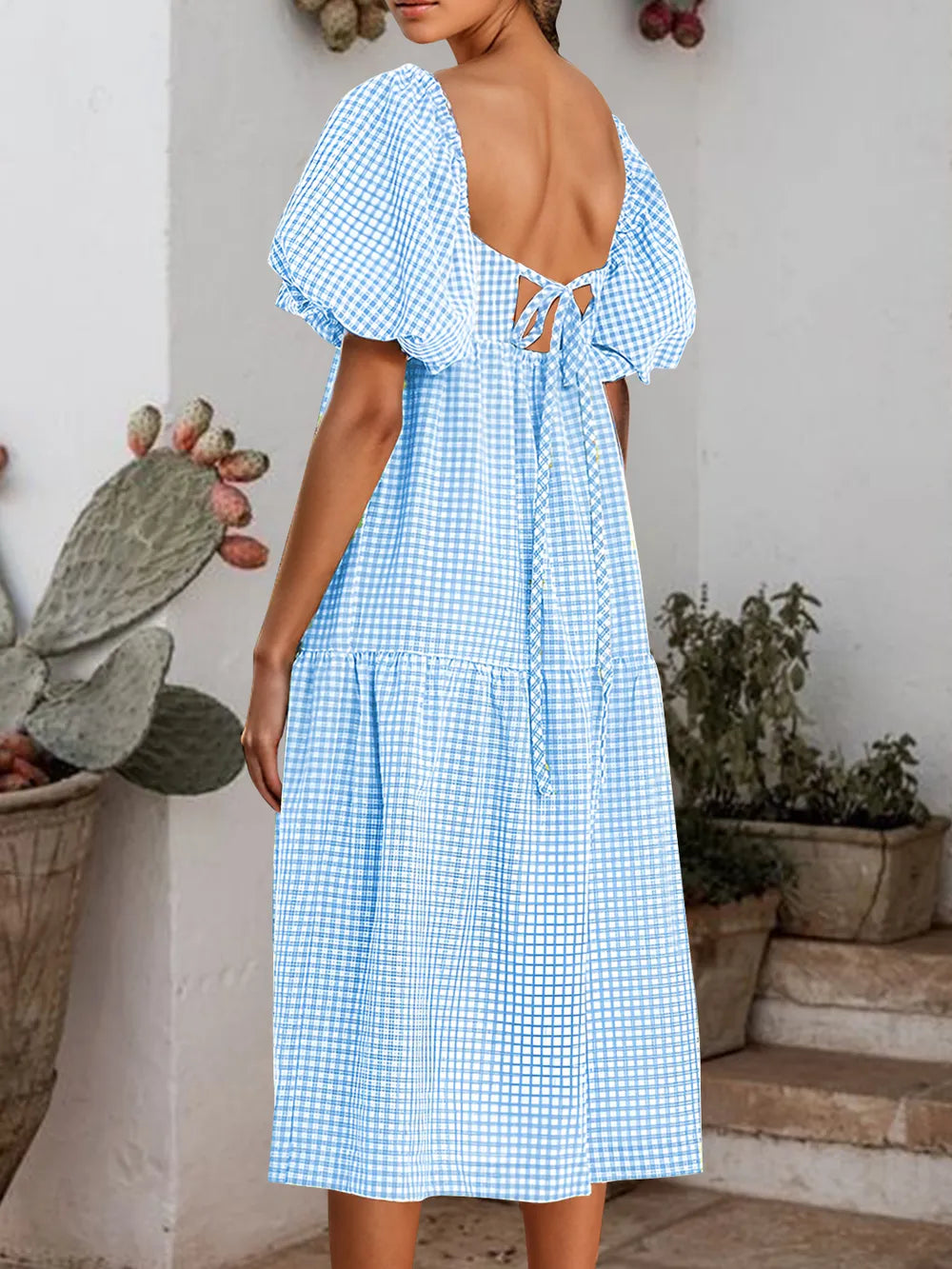 Plaid Square Neck Short Sleeve Dress - Korvel