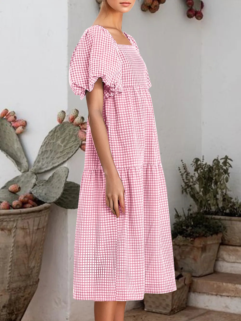 Plaid Square Neck Short Sleeve Dress - Korvel