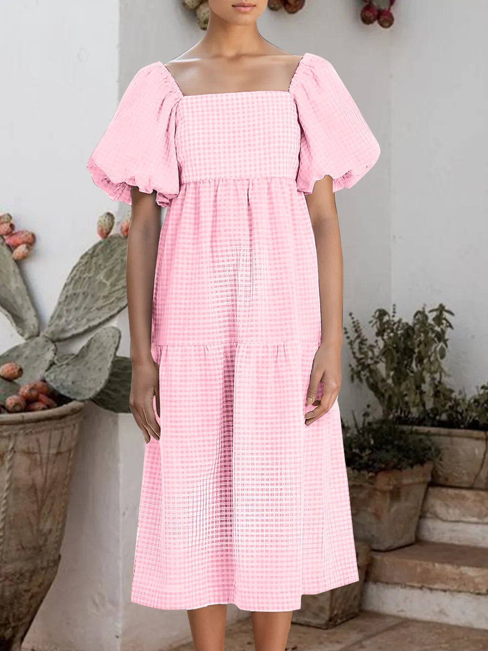 Plaid Square Neck Short Sleeve Dress - Korvel