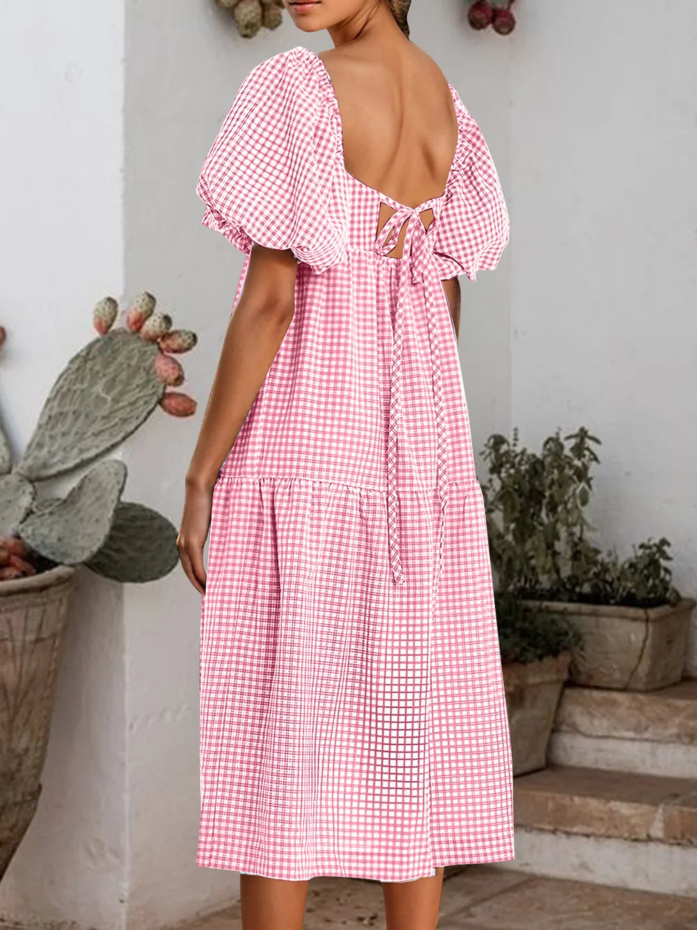 Plaid Square Neck Short Sleeve Dress - Korvel
