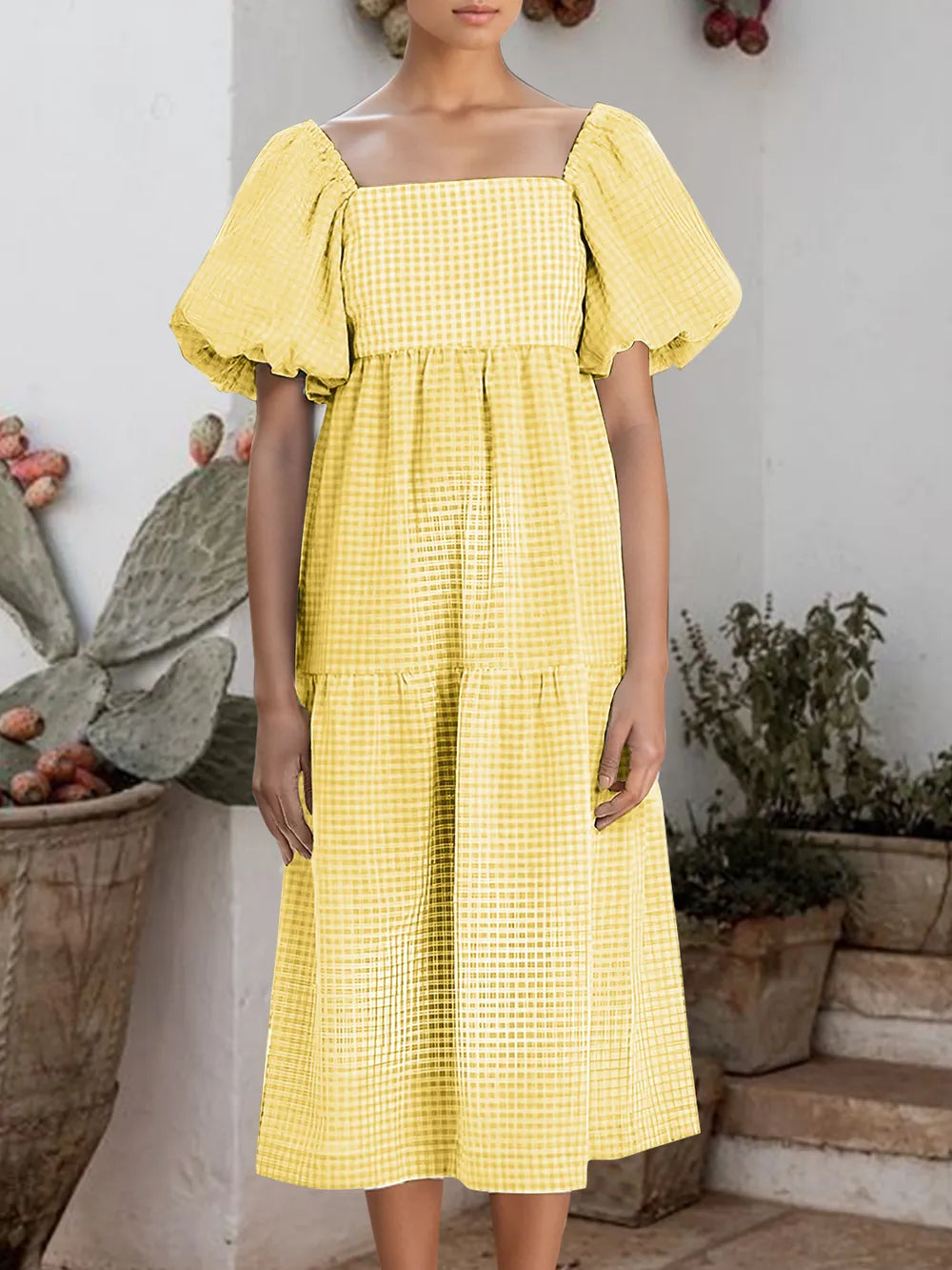 Plaid Square Neck Short Sleeve Dress - Korvel