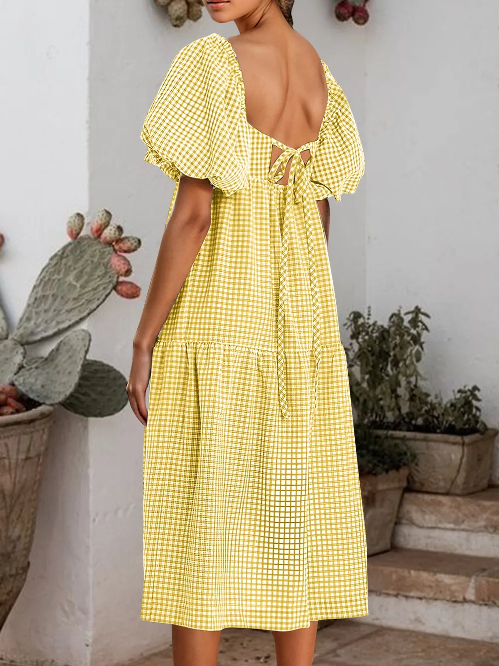 Plaid Square Neck Short Sleeve Dress - Korvel