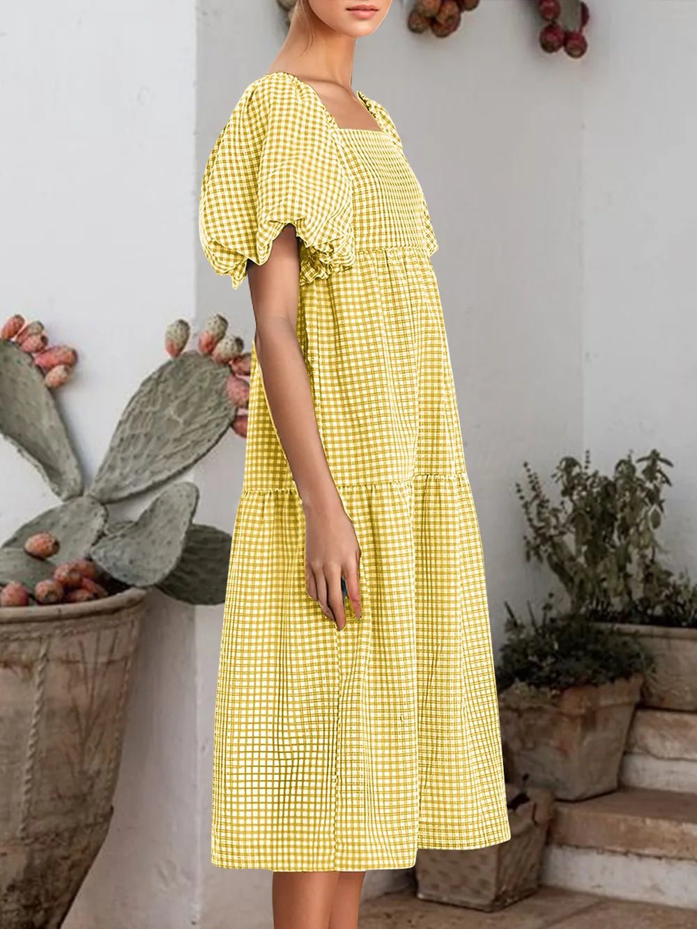 Plaid Square Neck Short Sleeve Dress - Korvel