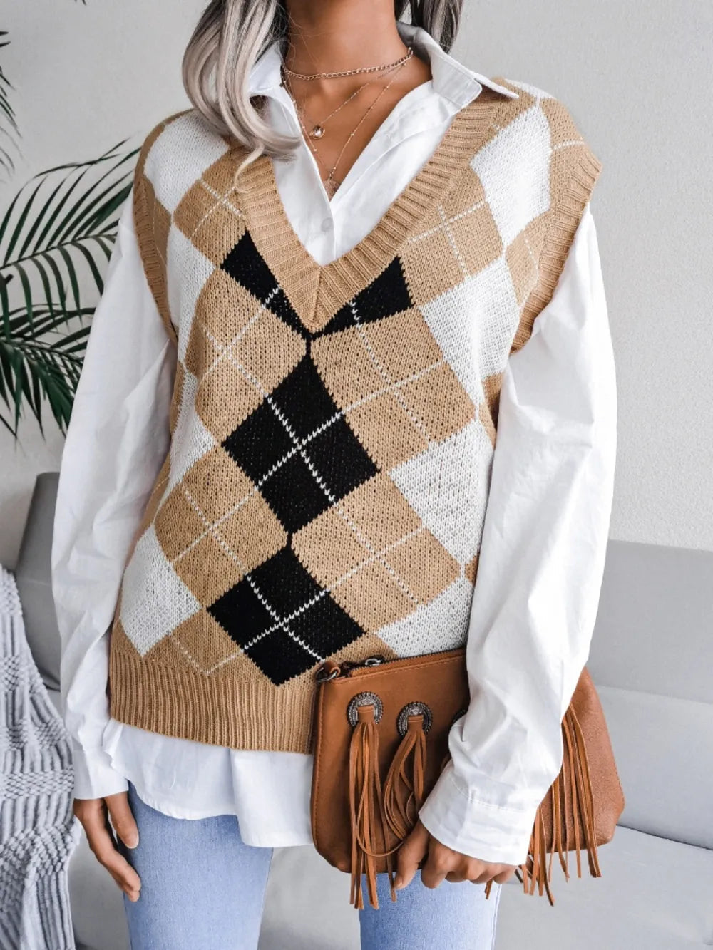 Plaid V-Neck Sweater Vest - Korvel