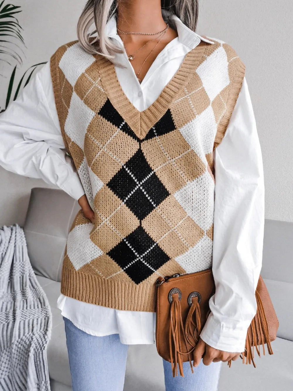 Plaid V-Neck Sweater Vest - Korvel