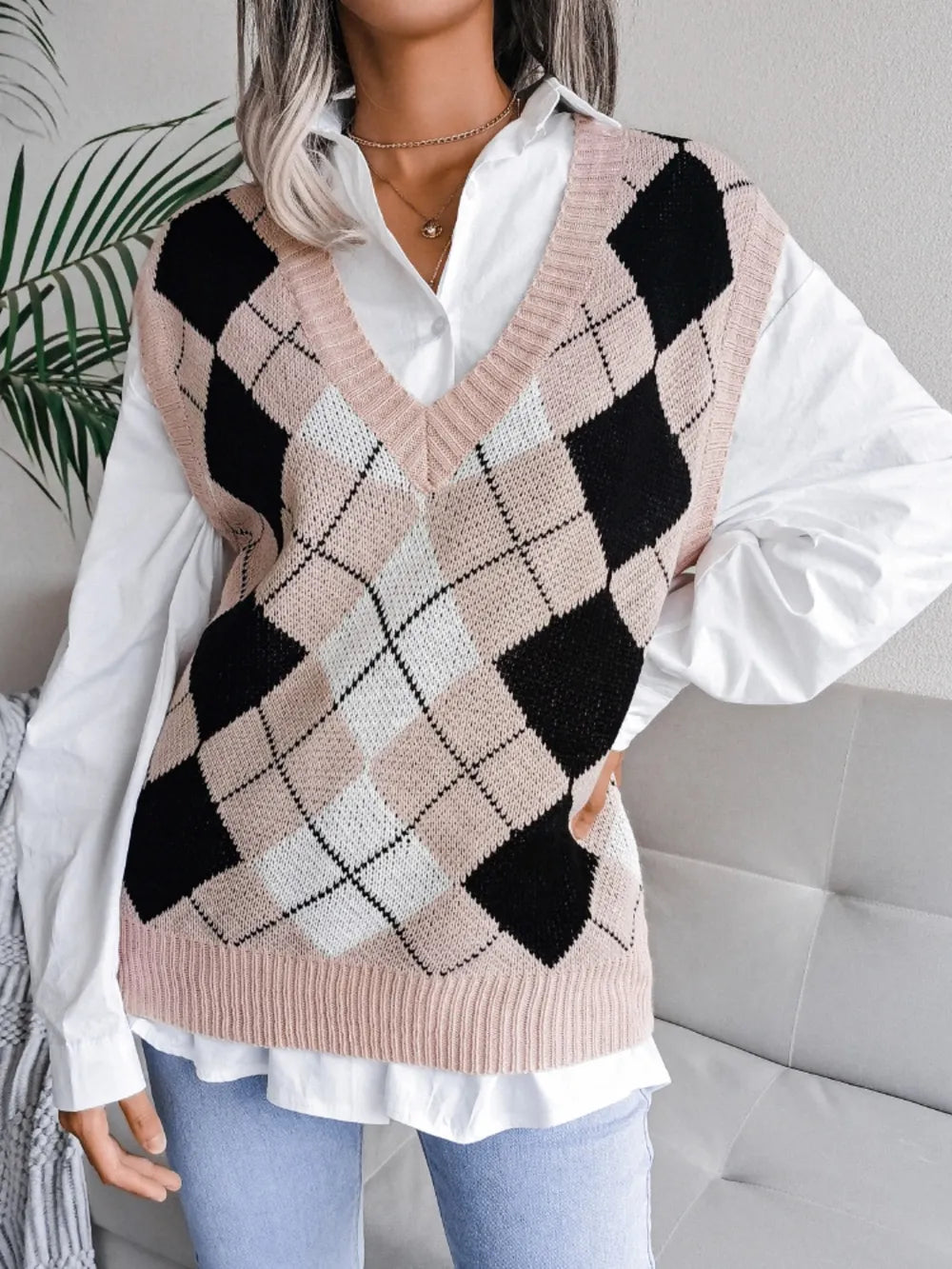 Plaid V-Neck Sweater Vest - Korvel