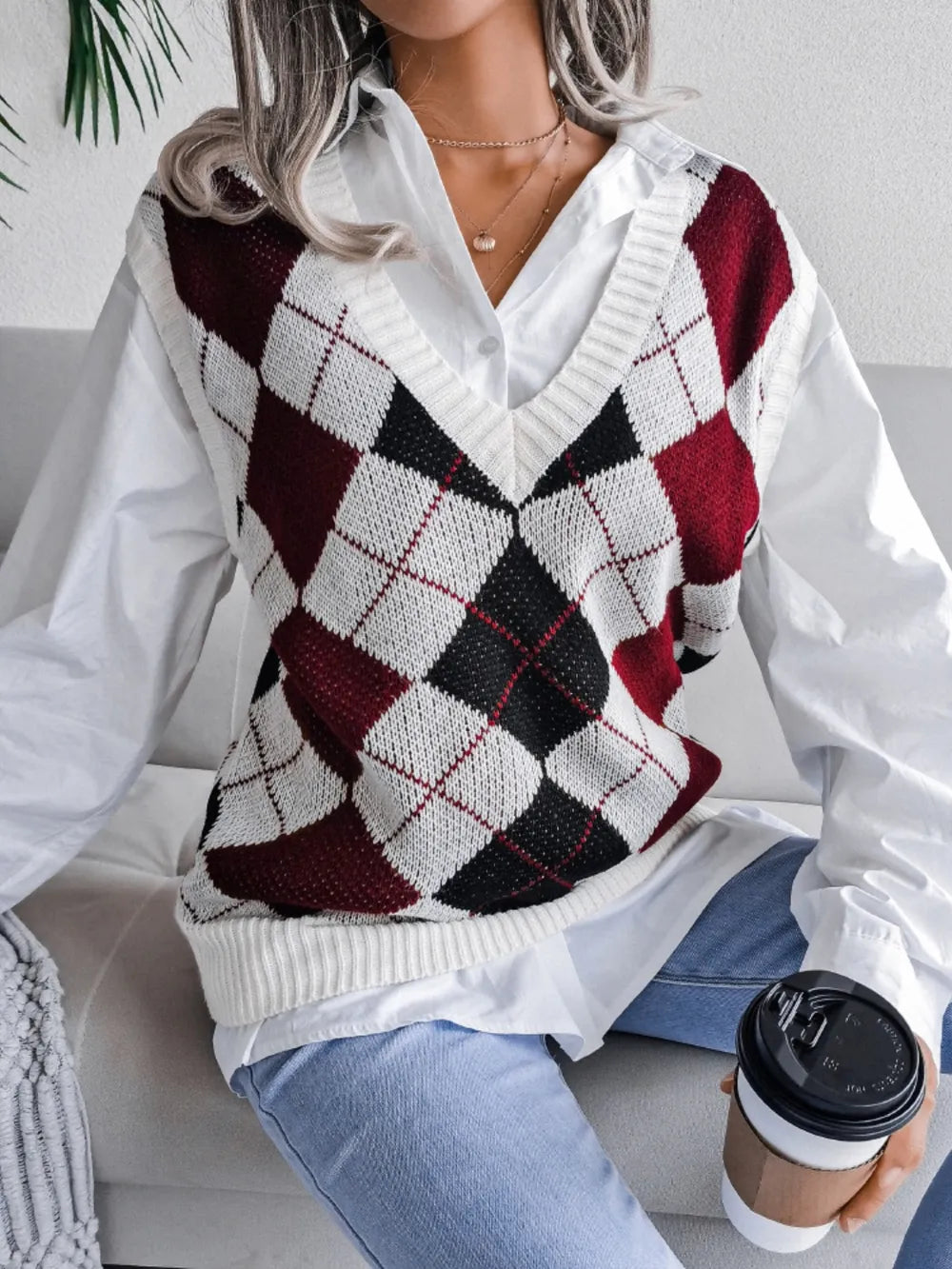 Plaid V-Neck Sweater Vest - Korvel