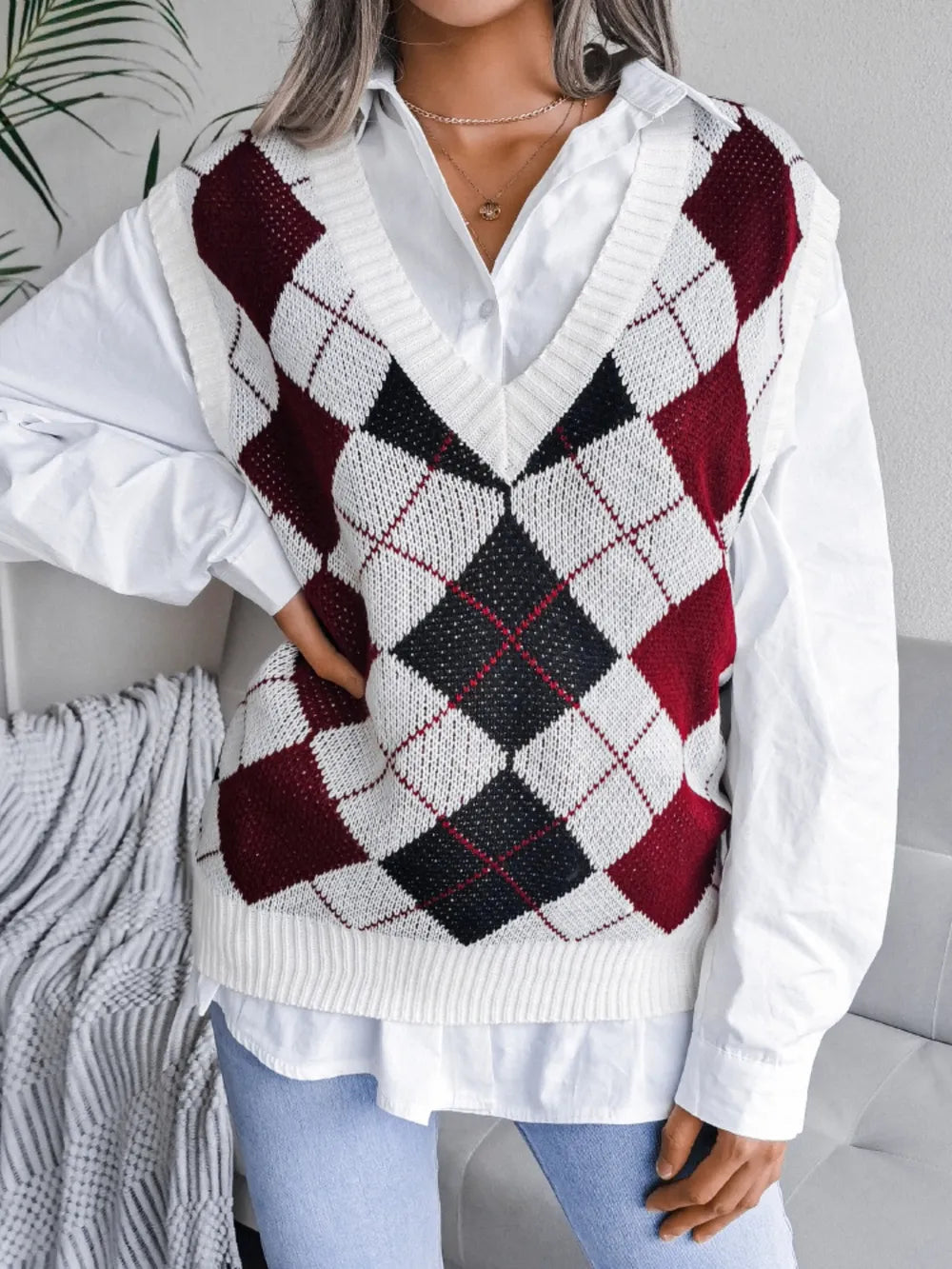Plaid V-Neck Sweater Vest - Korvel