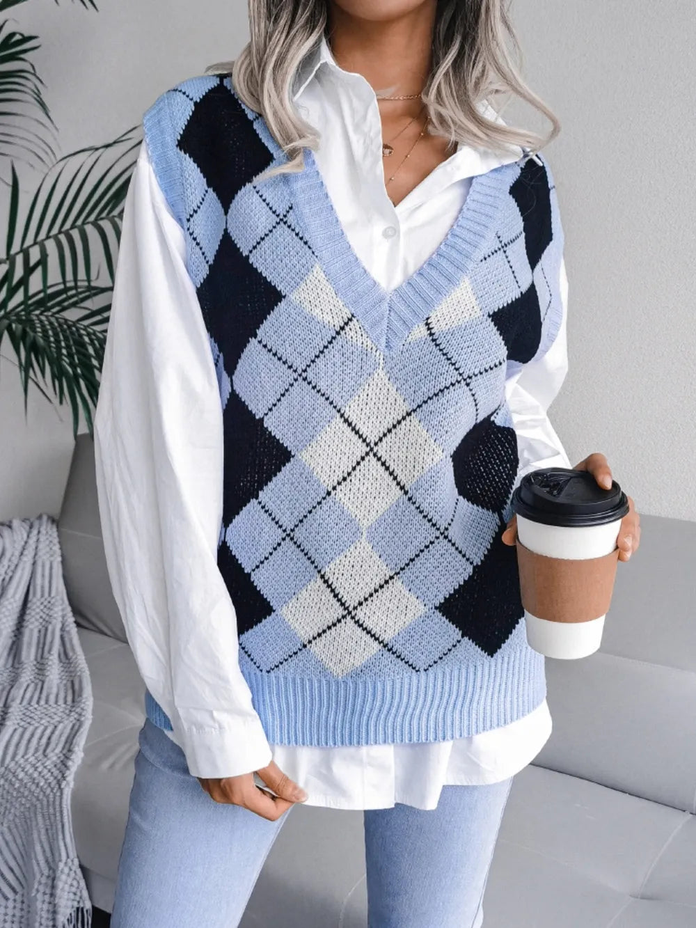 Plaid V-Neck Sweater Vest - Korvel