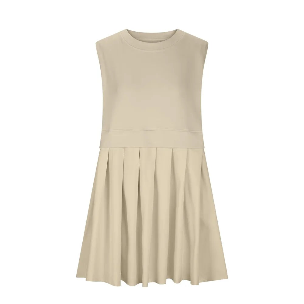 Pleated Round Neck Sleeveless Mini Dress - Korvel