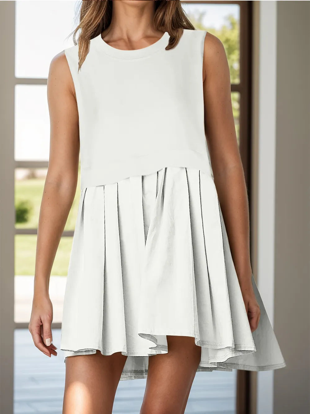 Pleated Round Neck Sleeveless Mini Dress - Korvel