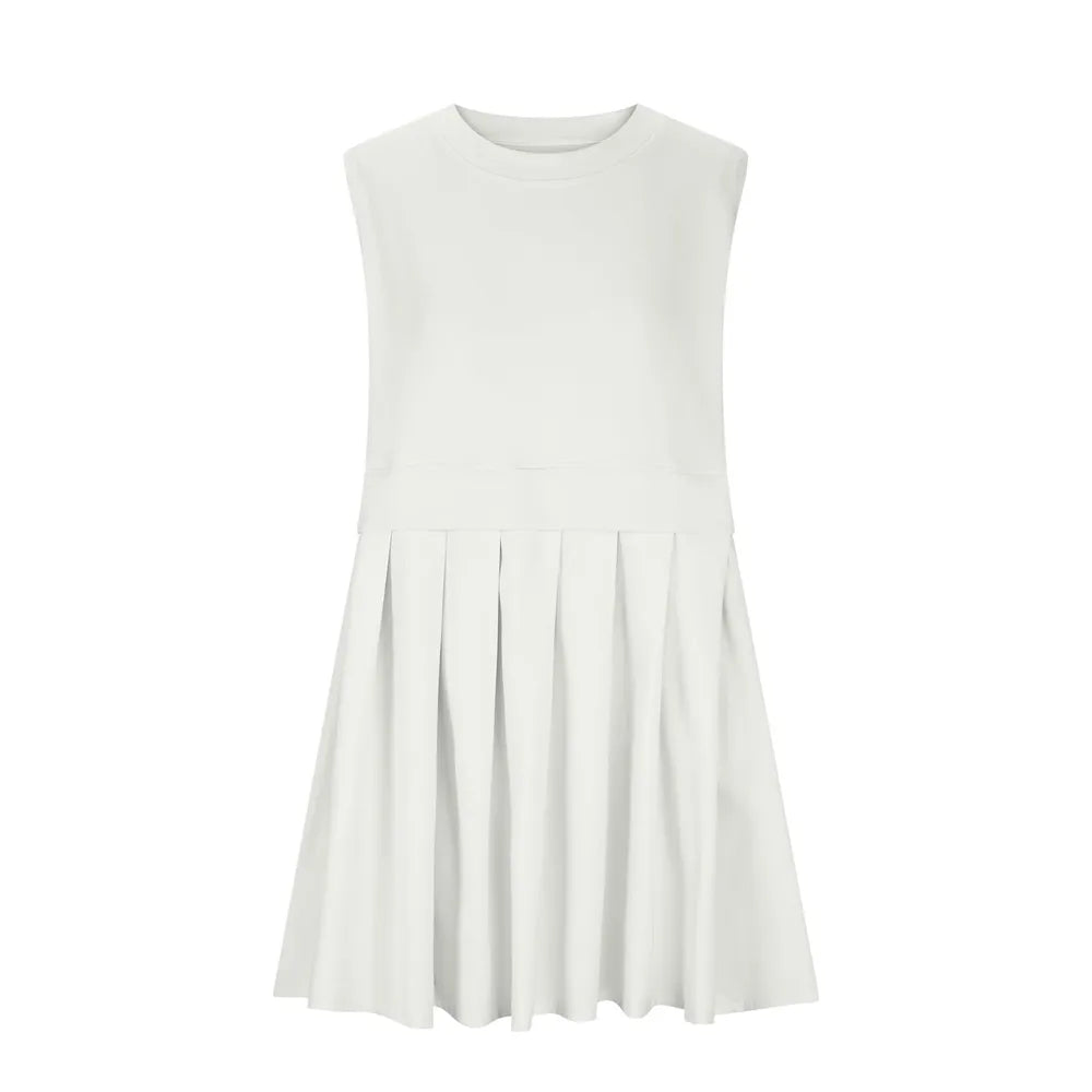 Pleated Round Neck Sleeveless Mini Dress - Korvel