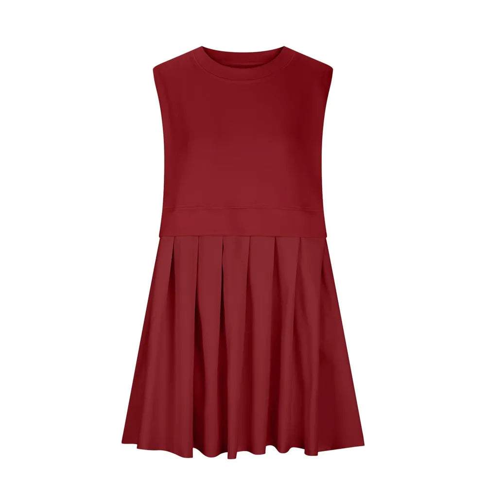 Pleated Round Neck Sleeveless Mini Dress - Korvel