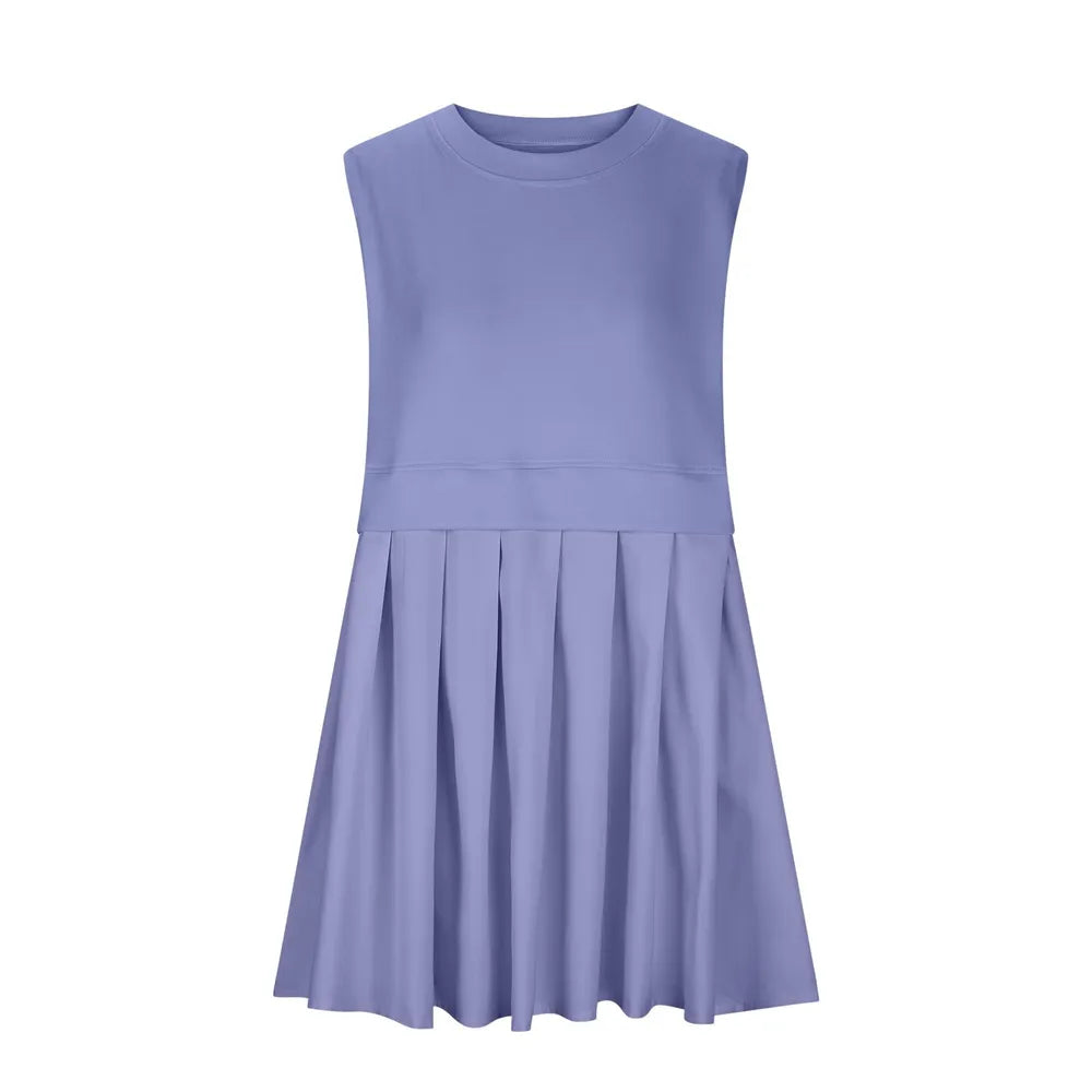 Pleated Round Neck Sleeveless Mini Dress - Korvel