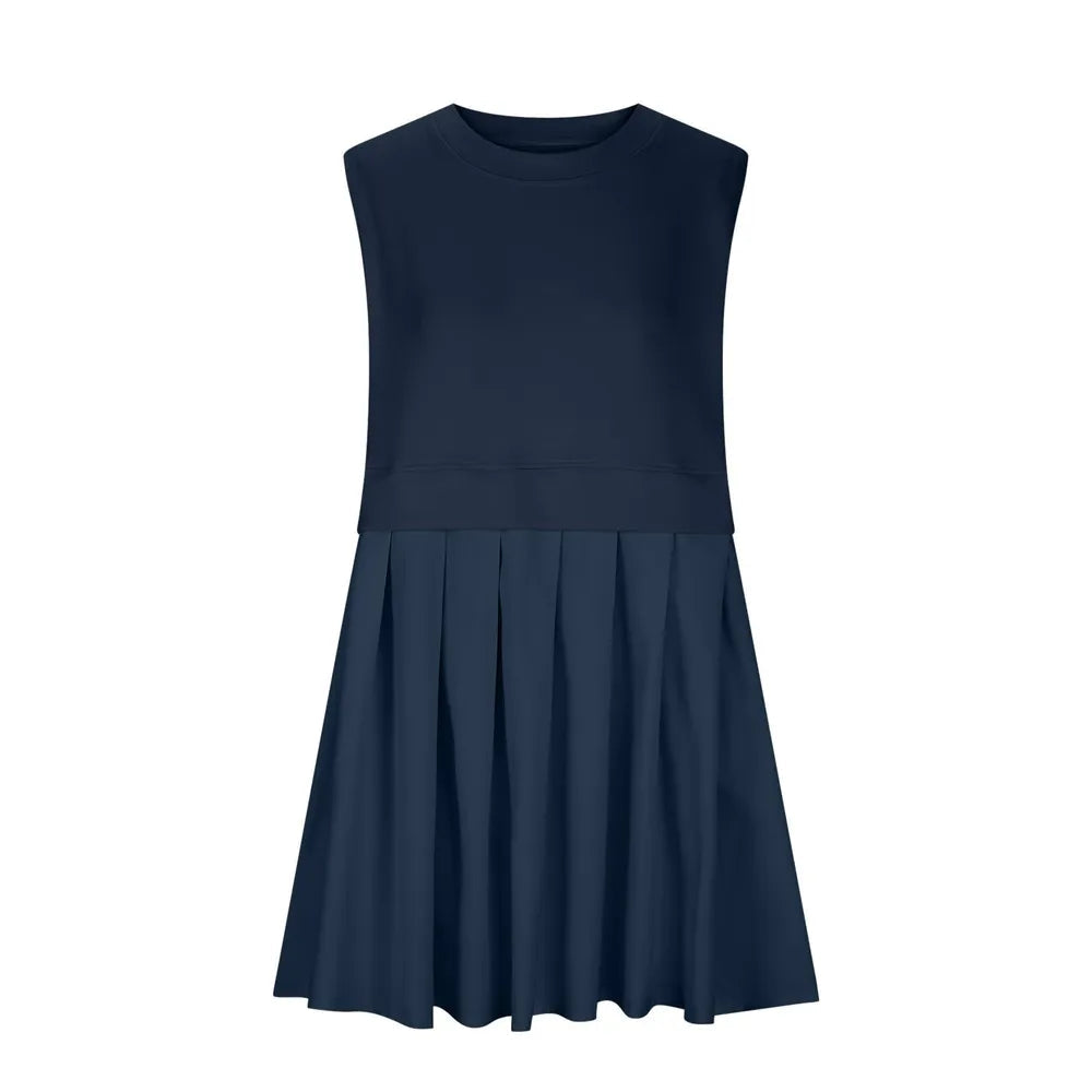Pleated Round Neck Sleeveless Mini Dress - Korvel
