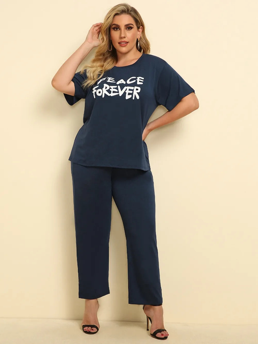 Plus Size PEACE FOREVER Short Sleeve Top and Pants Set - Korvel